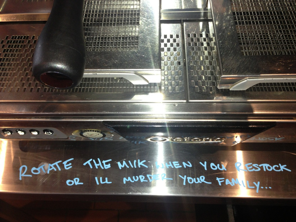 A miffed barista leaves a delicate message for a coworker