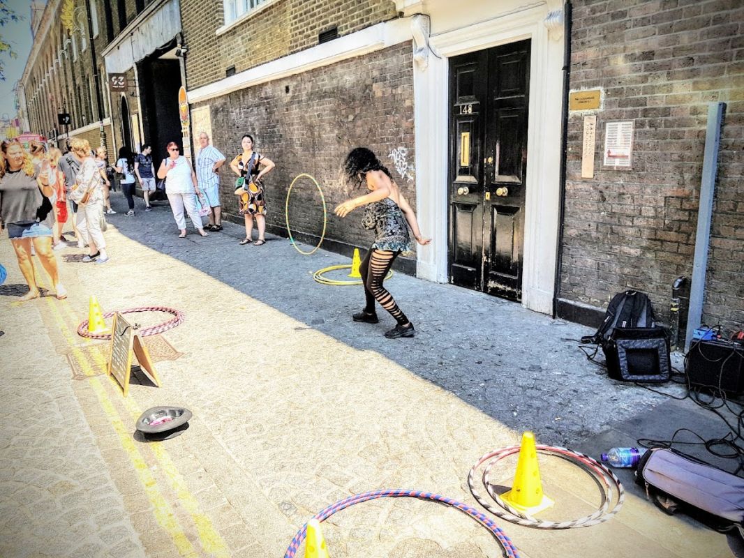 Hula hooping on Brick Lane