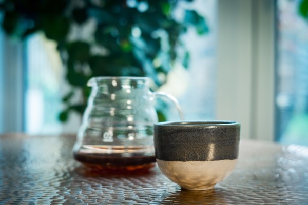 Filter coffee with server and stoneware cup